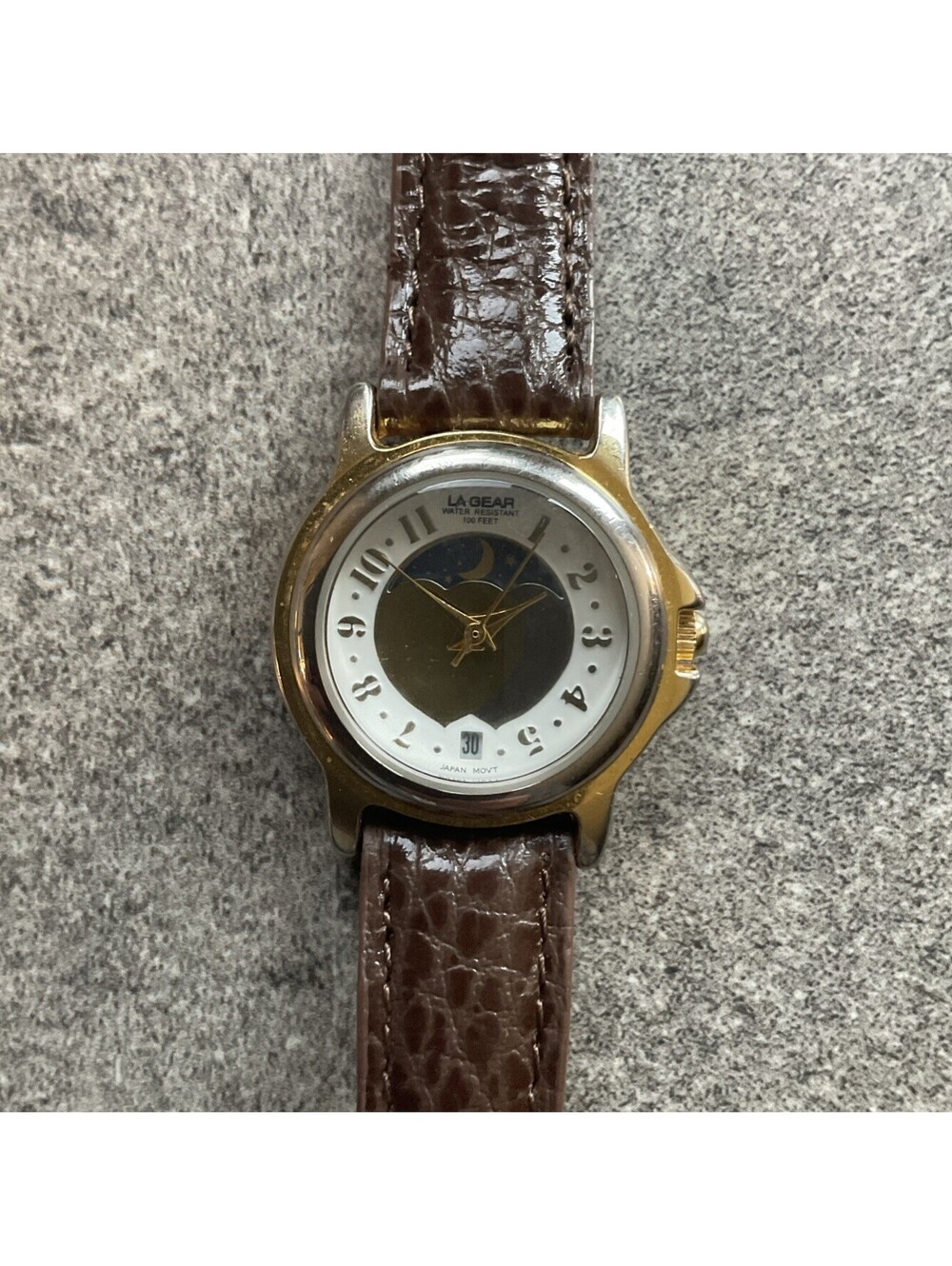 Women's LA GEAR Moon Phase Gold Tone 27mm Classic Quartz Watch, Brown Leather ~B